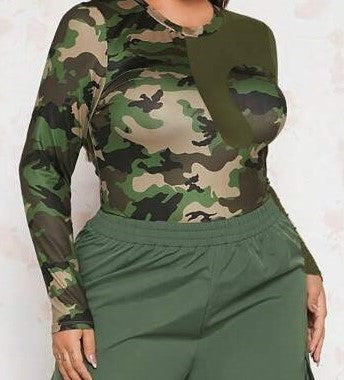 Army Green Camouflage Sheer Fitted Top