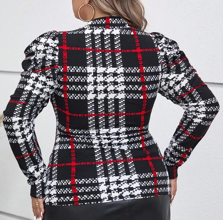 Houndstooth Plaid Mock Neck Top