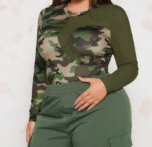 Army Green Camouflage Sheer Fitted Top