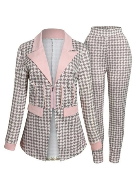 Houndstooth Pattern Pink/Beige Blazer Pants Suit