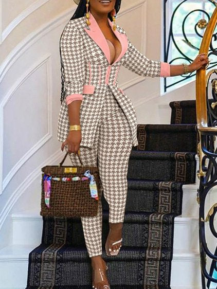 Houndstooth Pattern Pink/Beige Blazer Pants Suit