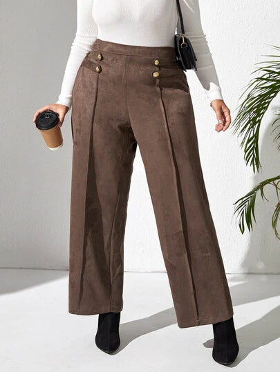 Ultra Suede Detail Button Wide-Leg Pants