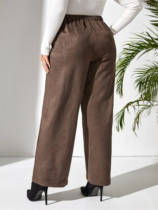 Ultra Suede Detail Button Wide-Leg Pants