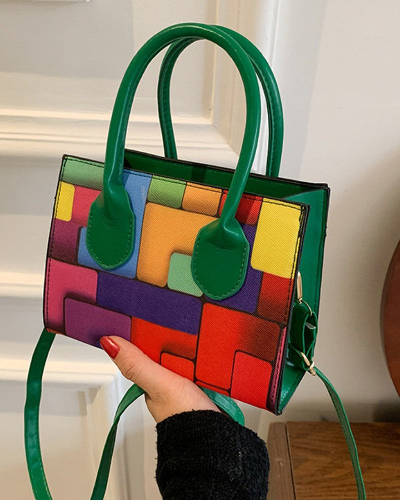 Multi-Color Patch Satchel Shoulder Strap Handbag