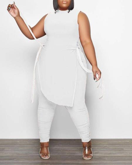 White Asymmetrical Side Tie Sleeveless Top & Ruched Pants Set